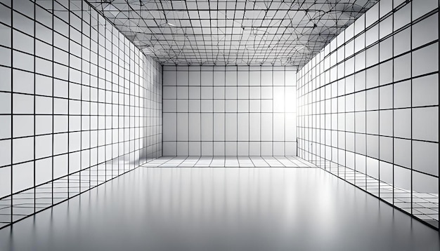 Photo wireframe room on the white background perspective grid box with digital space