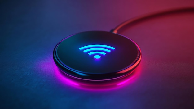 Photo wireless charger with glowing wifi symbol in neon blue and pink