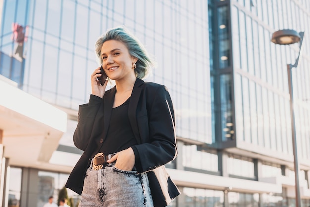 Wireless communication blue haired woman having business deals remote business concept