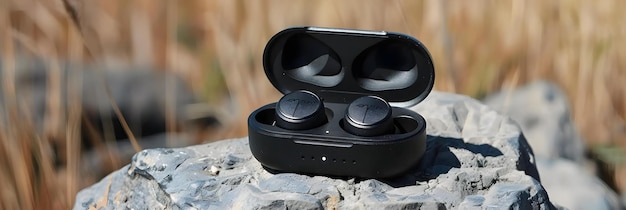 Photo wireless earbuds in a carrying case