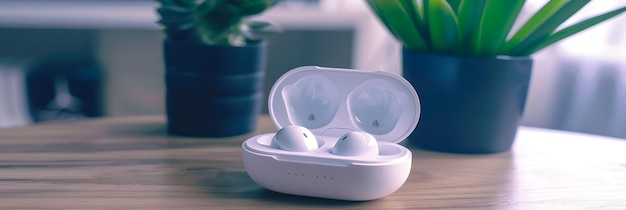 Photo wireless earbuds in a carrying case