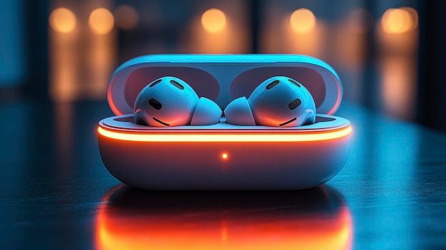 Wireless earbuds in a charging case illuminated with a soft glow