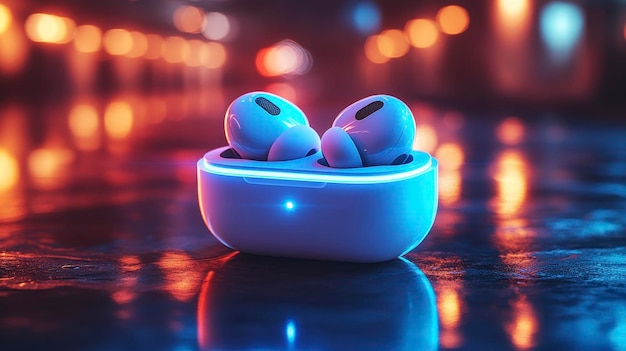 Wireless earbuds in a charging case on a reflective surface with colorful bokeh background