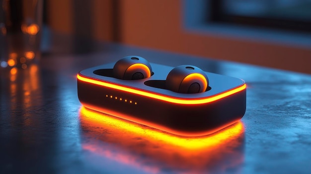 Wireless earbuds charging in a sleek case with illuminated design on a table