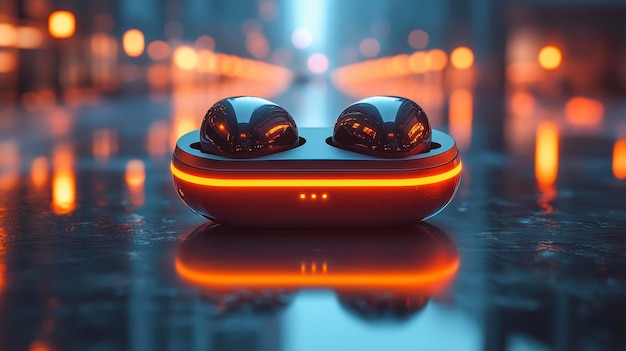 Photo wireless earbuds resting in their charging case illuminated in a modern urban setting