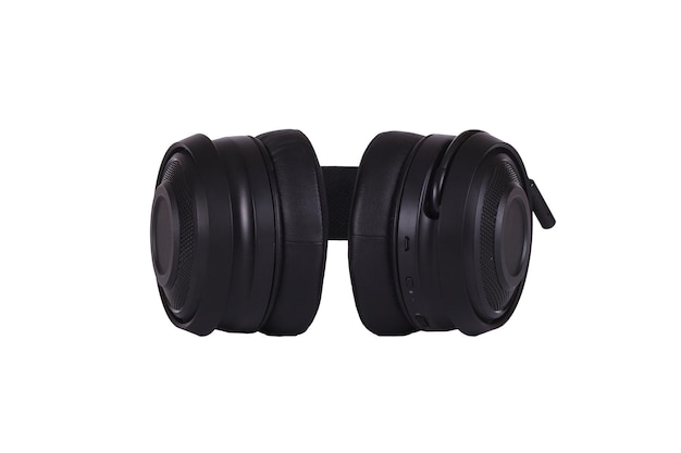 Wireless Headphones Isolated on White Background. Black Over-the-Ear Headset With Noise Cancelling and Integrated Microphone. Bottom View of Acoustic Stereo Sound System