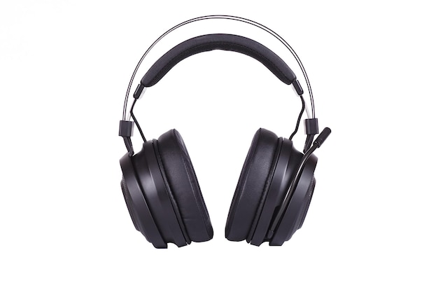 Wireless Headphones Isolated on White Background. Black Over-the-Ear Headset With Noise Cancelling and Integrated Microphone. Front View of Acoustic Stereo Sound System