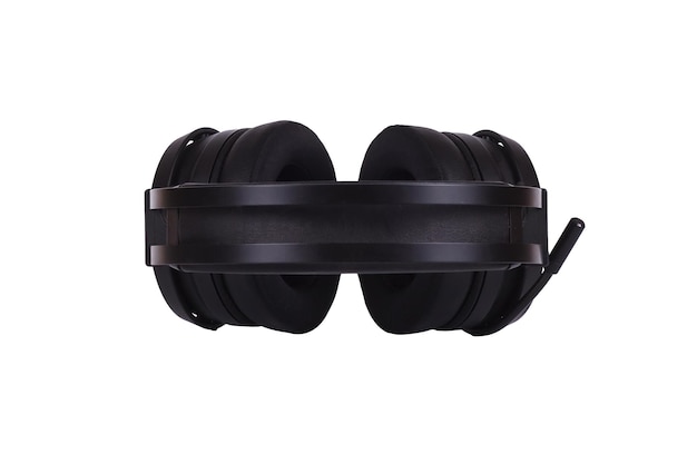 Wireless Headphones Isolated on White Background. Black Over-the-Ear Headset With Noise Cancelling and Integrated Microphone. Top View of a Stereo Speaker