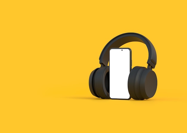 Wireless headphones with smartphone on yellow background Concept for online music radio listening 3D