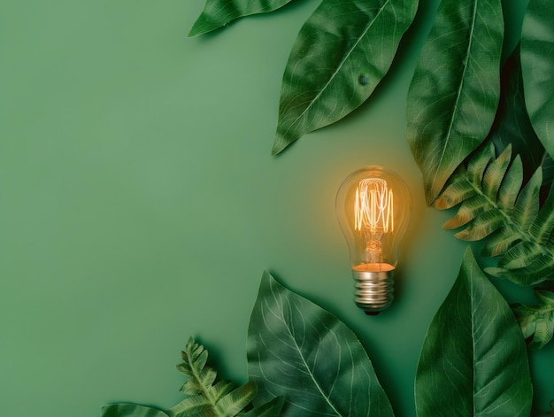 Wireless Light Bulb surrounded by Green Leaf as Sign of Light On on green background