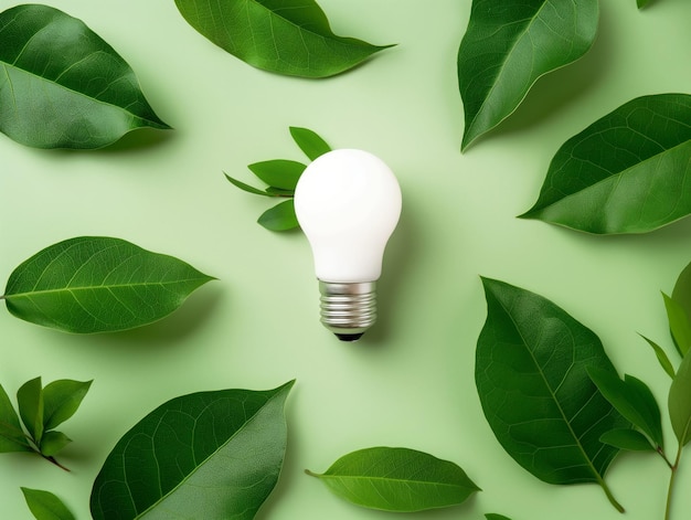 Wireless Light Bulb surrounded by Green Leaf as Sign of Light On on green background