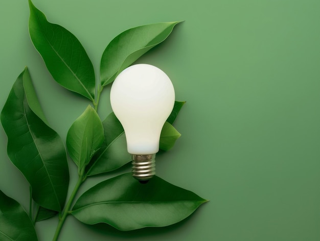 Wireless Light Bulb surrounded by Green Leaf as Sign of Light On on green background