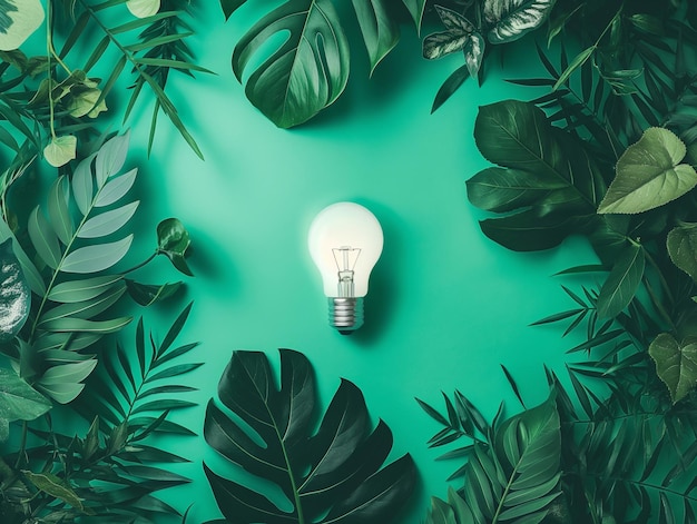 Wireless Light Bulb surrounded by Green Leaf as Sign of Light On on green background