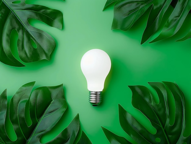 Wireless Light Bulb surrounded by Green Leaf as Sign of Light On on green background