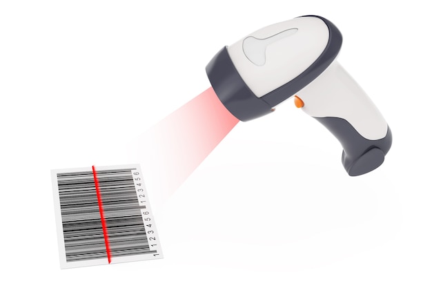 Wireless Manual Bar Code Reader that Read a Bar Code with Laser Light on a white background. 3d Rendering.