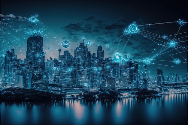 Wireless network and Connection technology concept with Abstract city background