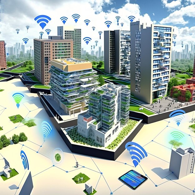 Wireless network and Connection technology concept with Abstract city background