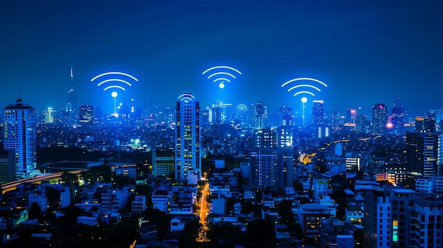 Wireless network and Connection technology concept with city background at night