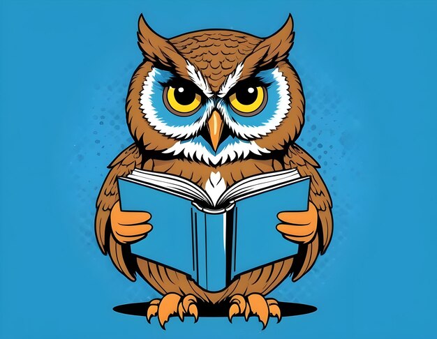 Photo wisdom and education concept image with a wise owl reading a book on blue background with copy space