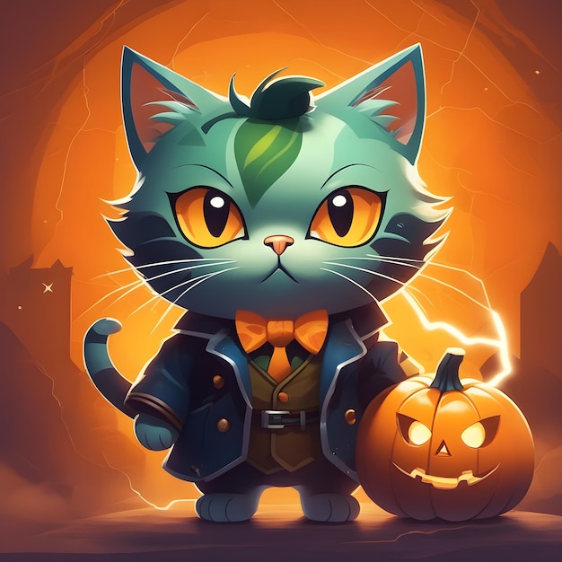 a wise halloween kitty with halloween pumpkin