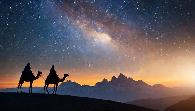 Photo wise men on camels journeying under starry sky towards baby jesus depicting the biblical nativity s