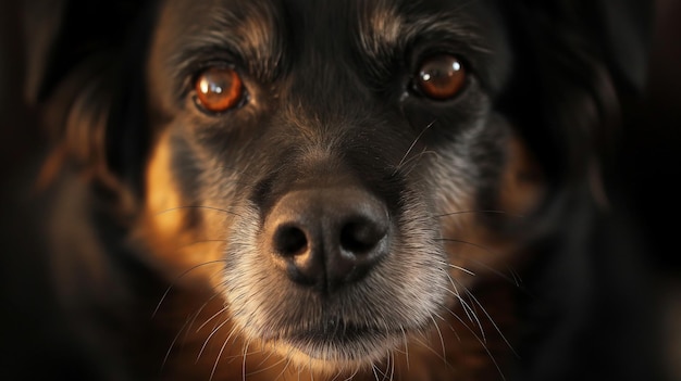 Wise old dog soft eyes warm room light closeup front angle Generative AI