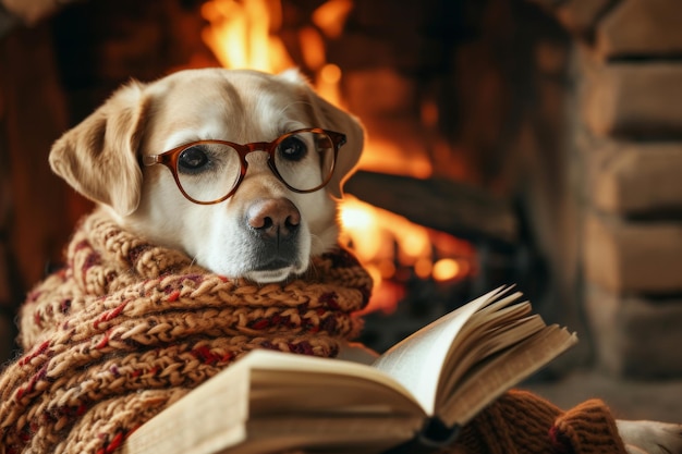 Wise old dog wearing a knitted scarf and spectacles sitting by a crackling fireplace with a book bes