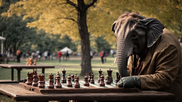 A wise old elephant playing chess in a park