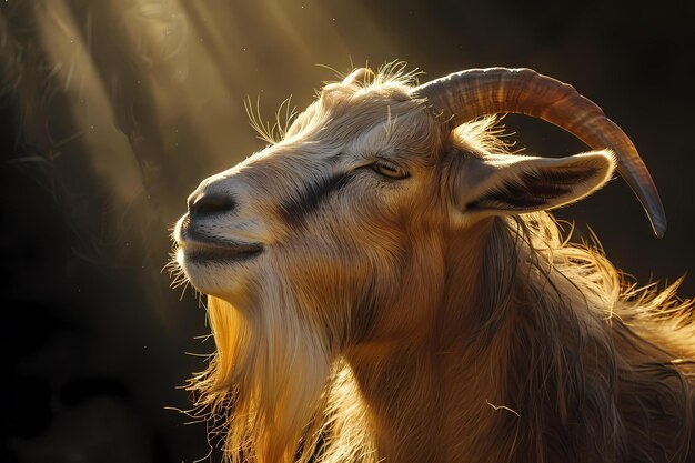 a wise old goat basking in warm golden sunlight with a serene expression