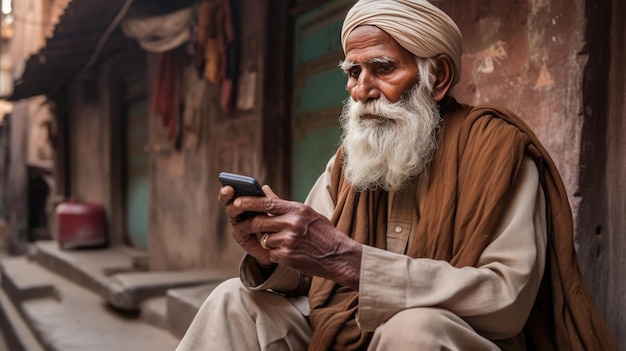 Wise Old Man Engrossed in Using His Cell Phone