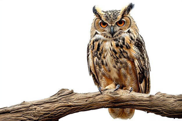 Photo wise old owl perched on a branch isolated on white background