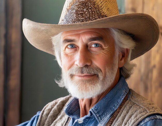 Wise older man with penetrating gaze and cowboy hat