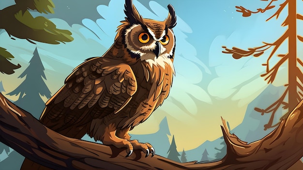 Wise owl perched on a branch 3D cartoon style