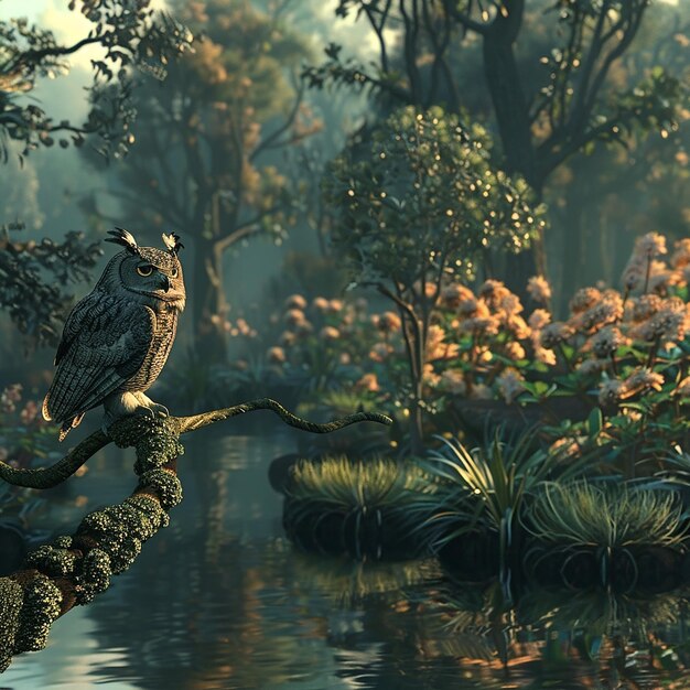 a wise owl perched on a branch overlooking a serene pond