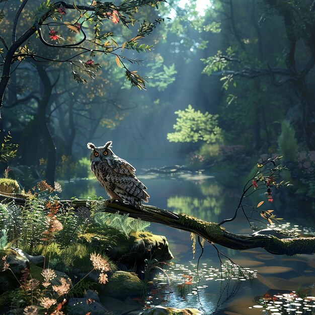 a wise owl perched on a branch overlooking a serene pond