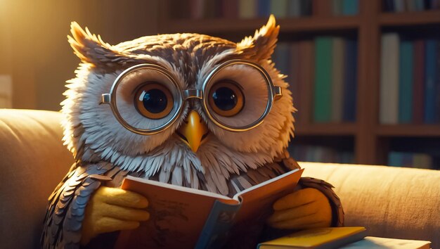 Photo wise owl reading a book at home