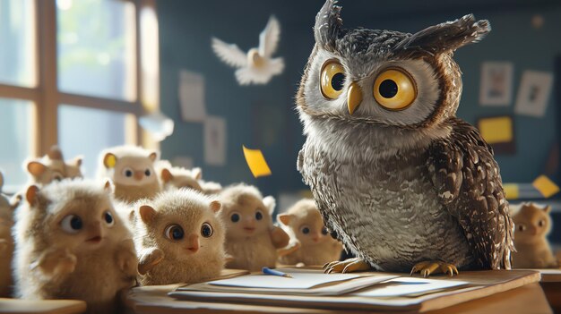 Photo a wise owl teacher stands above a class of cute fluffy animal students