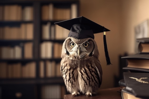 Wise owl wearing graduation cap against a stack of books