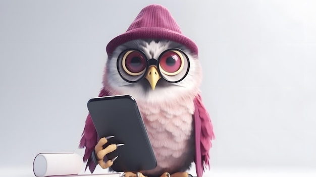 A wise owl with a tablet in his hand