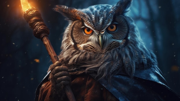 A wise owl with a wizards staff AI generated