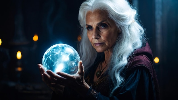 Wise Witch With White Hair Holding Mysterious Glowing Orb