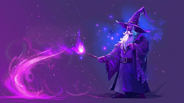 A wise wizard casts a spell with his magic wand swirling purple energy erupts from the end of his staff