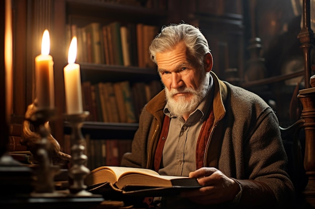 A wiselooking elderly man reading a book in his cozy study