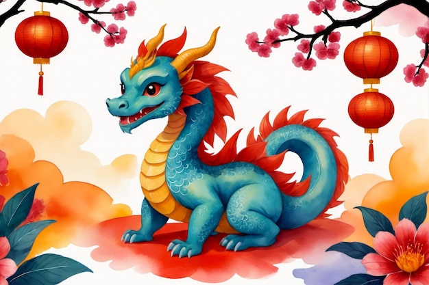 Wish Happy New Year with a traditional Chinese watercolor dragon design AI Generated