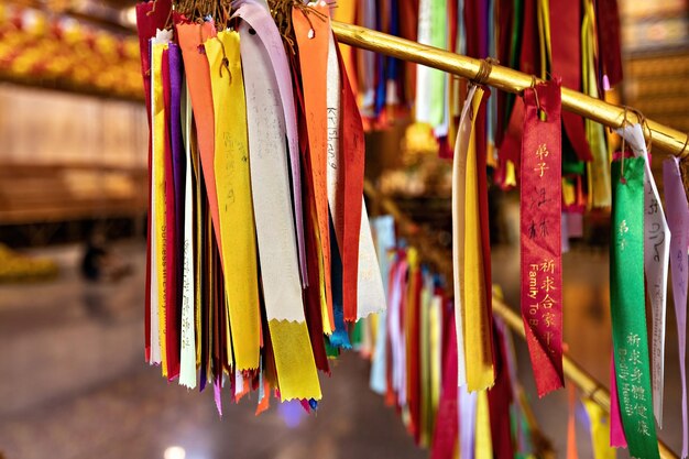 Wish ribbons in Buddhist temple in Kek Lok Si temple, George Town, Penang, Malaysia