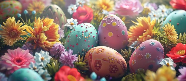 Wishing you a joyful easter celebration with a festive background of easter eggs and flowers