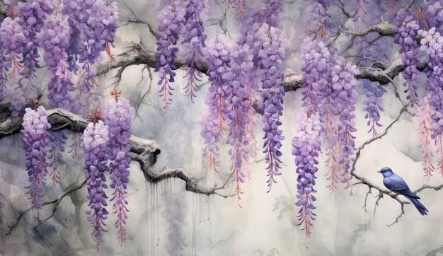 wisteria and birds watercolor background wallpaper