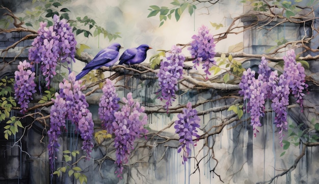 wisteria and birds watercolor background wallpaper