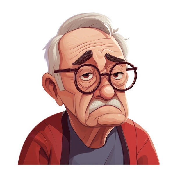 Wistful Whiskers A Heartfelt Cartoon Depicting a Sorrowful Grandfather against a Minimalistic White