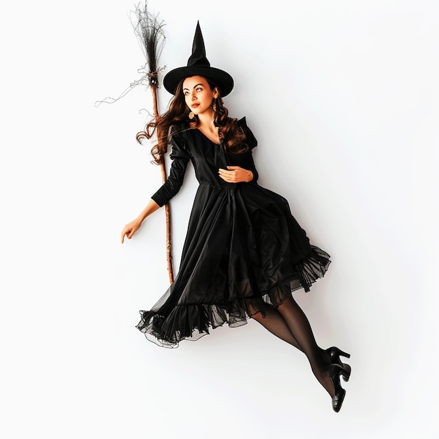 Photo a witch in black dress flying with a broom